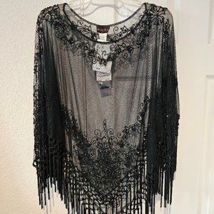 Macy's Black sheer beaded poncho OS
